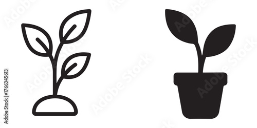 Simple icons of growing plants and potted seedlings for nature themes
