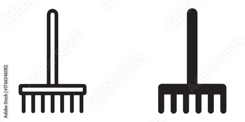 Gardening rake tool icons simple outline and solid fill representations