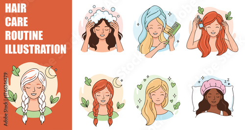 K-pop Girl Hair Care Routine Set. Cute Character Washing Hair, Styling with Heatless Curl Band and Hair Products. Beauty Fashion Doodle Vector Illustration.