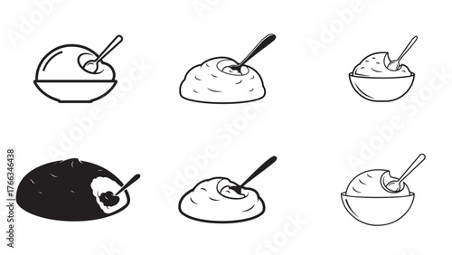 Mashed Potatoes Bowl Silhouette with Spoon Notch and Smooth Mound Curve, Clean Black Holiday Side Dish Icon for Thanksgiving Menus and Kitchen Graphics