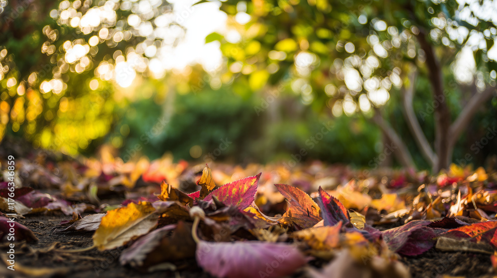 Obraz premium deciduous. Autumn garden scene with colorful fallen leaves, bathed in golden hour light and shallow focus. representing seasonal cycles and harvest abundance.