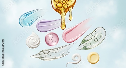 Assortment of Gel, Cream, and Oil Textures Floating on Blue Sky Background