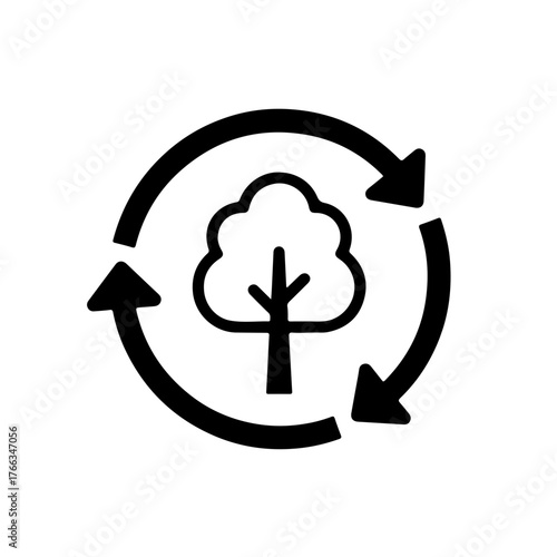 black and white icon featuring a simple, minimalist silhouette or outline of a tree at the center, encompassed by the circular arrows of the universal recycling symbol