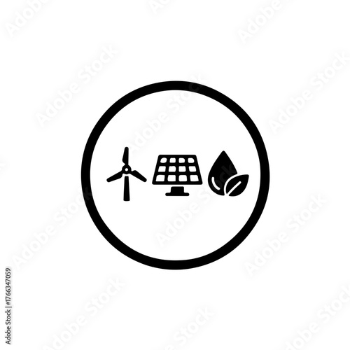 Comprehensive black and white icon featuring the three cornerstones of clean power: a miniature wind turbine, a small solar panel, and a water drop with a leaf (representing hydro and bioenergy)