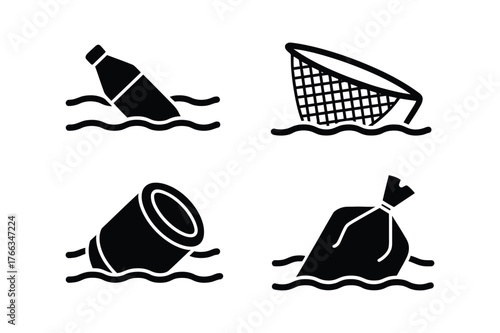 Set of icons depicting ocean pollution with plastic bottle net and trash bag symbols isolated on white background