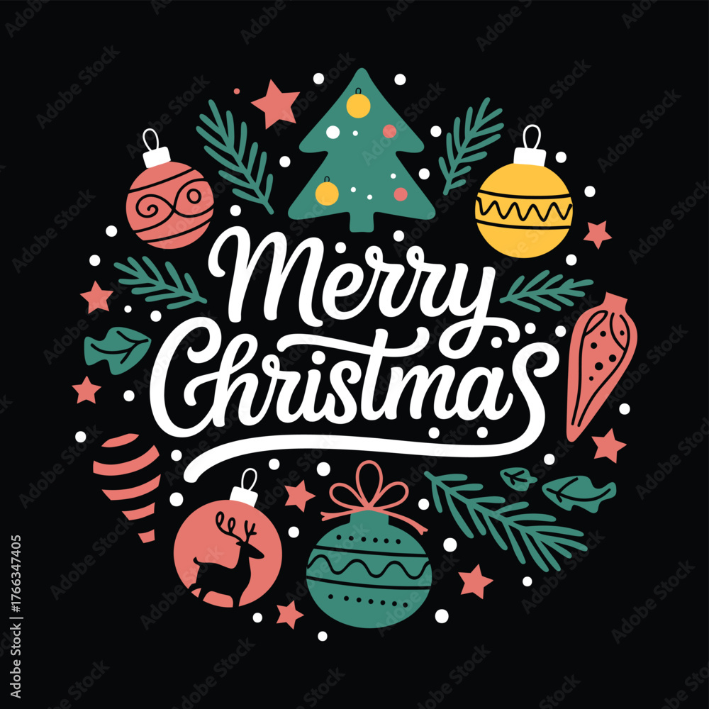 Fototapeta premium Festive merry christmas illustration with ornaments trees stars and pine sprigs creating a whimsical holiday wreath design