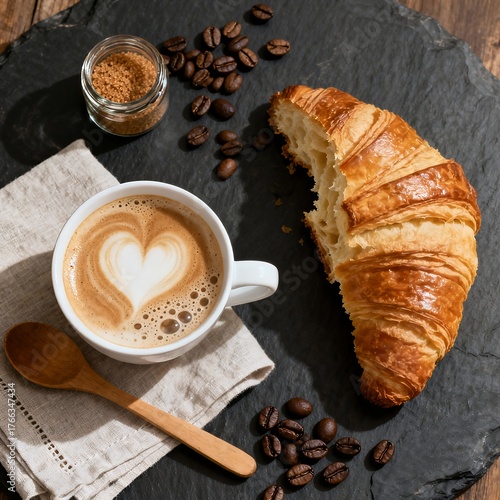 Buttery croissant with latte art and scattered coffee beans on rustic slate