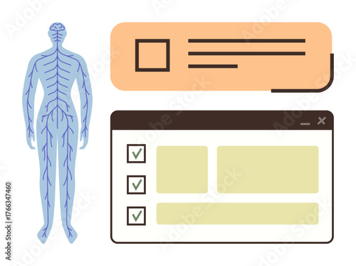 Vector of human nervous system beside styled interface boxes with checklists and text areas. Ideal for healthcare, diagnostics, technology, neurobiology, user experience, checklist, simple flat