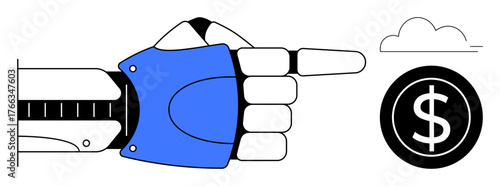 Robotic hand pointing at dollar sign with a cloud symbol. Ideal for technology, finance, innovation, automation, future trends, digital economy, AI advancements. Clean simple flat metaphor
