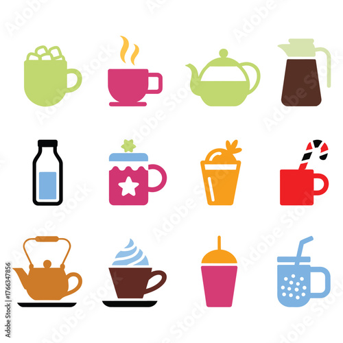 Colorful Coffee, Tea, and Beverage Icon Collection