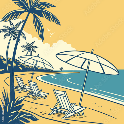 “Sunny tropical beach with white lounge chairs and umbrellas on golden sand”