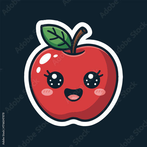 A cute cartoon apple with big eyes and a smiling face on a dark blue background with a white outline