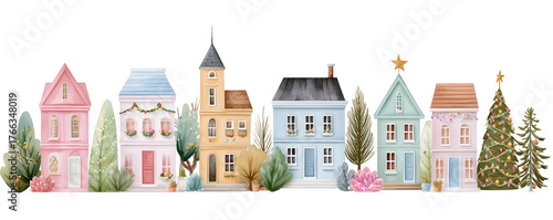 Colorful illustrated houses with festive decorations and greenery, showcasing a charming winter village scene