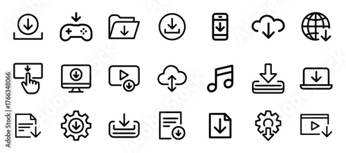 Download and upload thin line icons set for digital content and data transfer operations isolated on white background