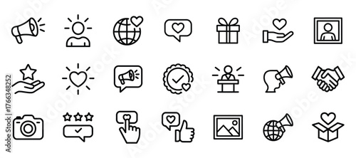 Thin line icons set for brand ambassador marketing and promotion isolated on white background