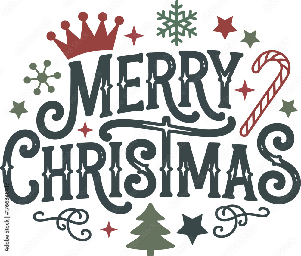 Fototapeta premium Festive merry christmas typographic design with crown snowflake candy cane tree and stars perfect for holiday greetings