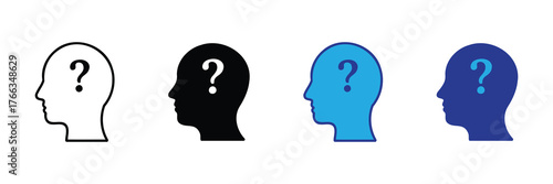 Silhouette of a human head with a question mark inside, representing confusion, doubt, or a thinking process, isolated on white background