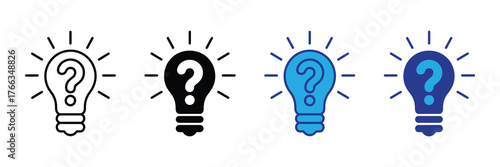 Set of four light bulb icons with a question mark inside, representing ideas, questions, and problemsolving, isolated on white background