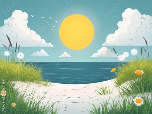 An idyllic coastal landscape on a radiant summer day, showcasing a huge yellow sun and soft clouds over the peaceful blue sea, bordered by green dunes, sandy pathways, and charming wildflowers.