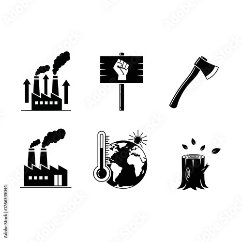 Black and white icons depicting environmental issues, industrial pollution, global warming, deforestation, and climate activism.