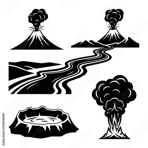 Black and white vector illustrations depicting various volcanic activities and geological formations including erupting volcanoes, lava flow, and a caldera.