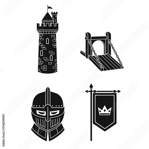 Medieval castle elements: tower, drawbridge, helmet, and royal banner.