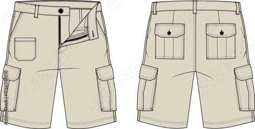Men’s cargo shorts flat sketch, front and back view, vector illustration, button flap pockets, technical drawing, outdoor fashion design