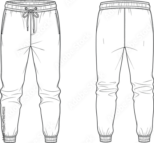 Men’s jogger pants front and back view, fashion technical flat sketch, vector illustration, casual wear, elastic waist design