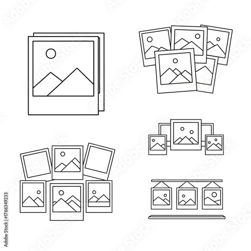 Line art icons depicting various arrangements and displays of photographs and picture frames, including stacks, groups, and wall mounts.