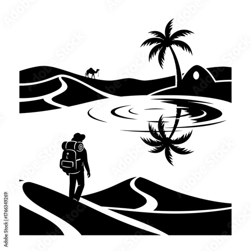 Stylized black and white graphic of a desert oasis scene with a traveler, camel, and palm trees reflected in water.
