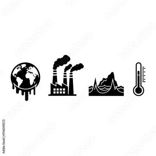 Climate change icons: melting globe, factory, melting glacier, thermometer.