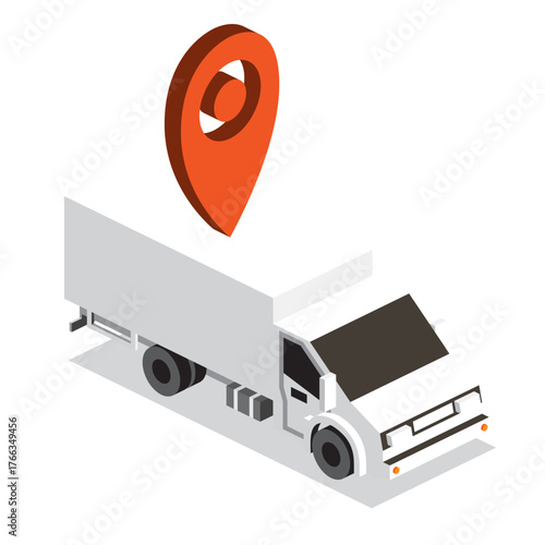 Isometric delivery truck with red location pin. Cargo transportation, logistics, and navigation concept.