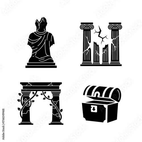 Set of four black silhouette icons depicting ancient ruins, a broken statue, classical columns, an overgrown arch, and an open treasure chest.