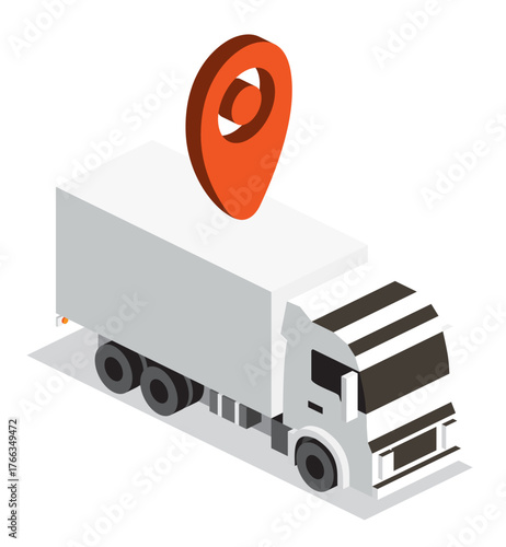 Isometric delivery truck with red location pin. Cargo transportation, logistics, and navigation concept.