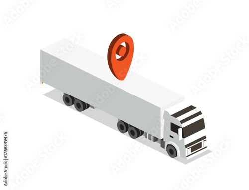 Isometric long truck with red location pin. Cargo delivery, logistics, and transportation concept. Illustration.