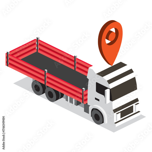 Isometric red flatbed truck with location pin. Cargo transport, delivery, and logistics concept.