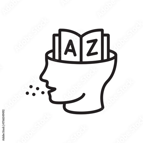Open head with alphabet pages spreading knowledge