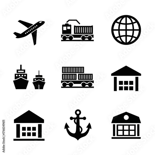 Black silhouette icons representing various modes of transport, logistics, and global trade.