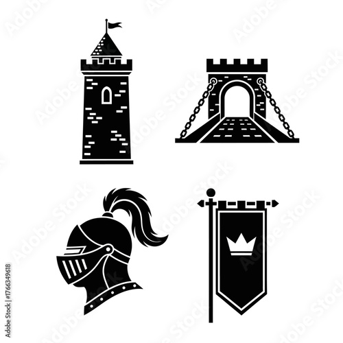 Set of four black silhouette icons depicting medieval castle tower, drawbridge gate, knight helmet, and royal banner.