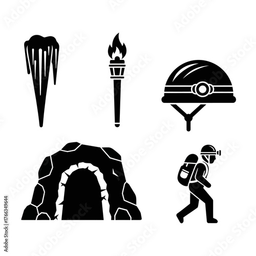 Black silhouettes of caving equipment and a caver exploring a cave entrance, depicting adventure and exploration.