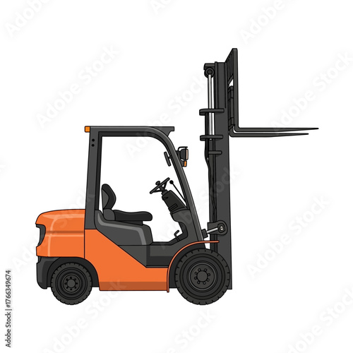 Side view of an orange forklift, a heavy industrial vehicle used for lifting and moving materials in warehouses and construction sites.