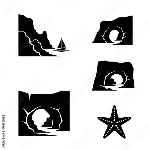 A collection of black silhouette icons depicting coastal landscapes, sea caves, and a starfish, representing marine and ocean themes.