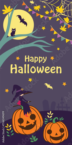 Dark Halloween night card design with spooky pumpkin, bats, and tree silhouettes