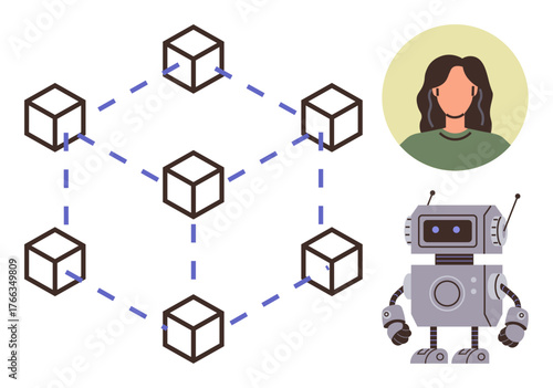 Blockchain network structure with linked cubes, humanoid robot, and female avatar. Ideal for technology, innovation, AI, blockchain, digital interaction automation future. Simple flat metaphor