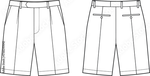 Technical Flat Sketch Vector of Men's Pleated Bermuda Shorts with Tailored Waistband, Belt Loops, Back Welt Pockets, Front and Back View for Fashion Design