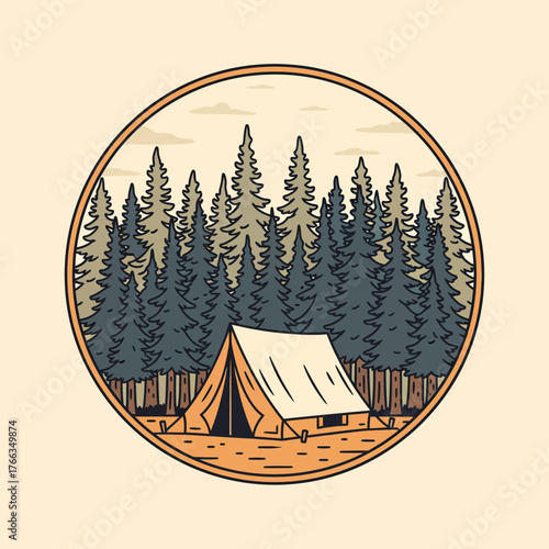 Retro Outdoor Adventure Camping Illustration for a Vintage Travel Badge Pack. Perfect Emblem for Forest Exploration and Wilderness Expeditions, celebrating nature's beauty
