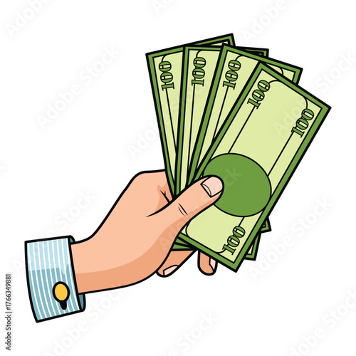 Hand drawn illustration of a hand holding banknotes