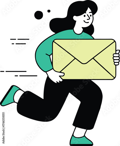 Illustration of a person swiftly delivering a large envelope with a smile and determination