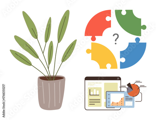 Potted green plant, colorful puzzle pieces, and digital data interface with graphs and charts. Ideal for problem solving, business strategy, analytics, decision making, creativity, nature teamwork