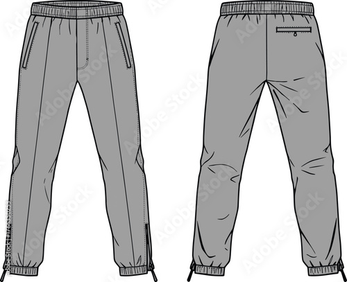 Technical Flat Sketch Vector of Men's Track Pants with Elastic Waistband, Zip Pockets, Ankle Zippers, Front and Back View for Activewear and Fashion Design
